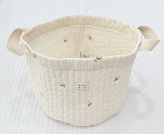 Beige Cotton Embroidery Baby Storage Bag – Diaper, Clothes & Toy Organizer for Crib