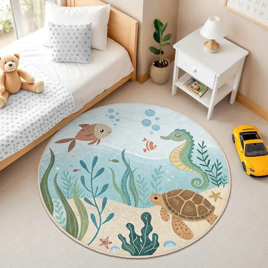 Cartoon Round Flannel Rug – Soft, Comfortable, and Non-Slip Floor Mat for Kids’ Bedroom or Playroom