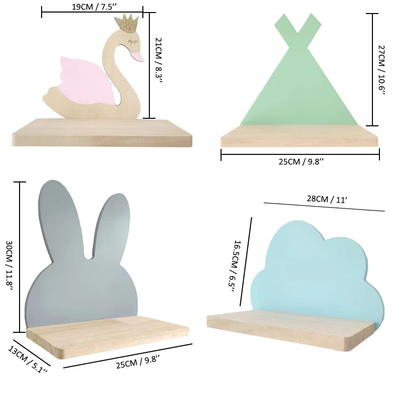 Nordic Wooden Wall Shelf for Kids – Cute Rabbit & Bear Storage Rack for Baby & Children’s Rooms