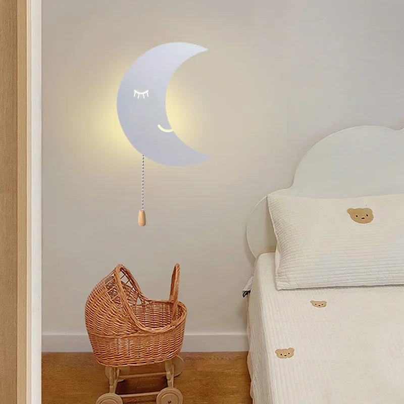 Cartoon Moon & Cloud LED Wall Lamp – Wireless Bedside Light for Kids’ Room