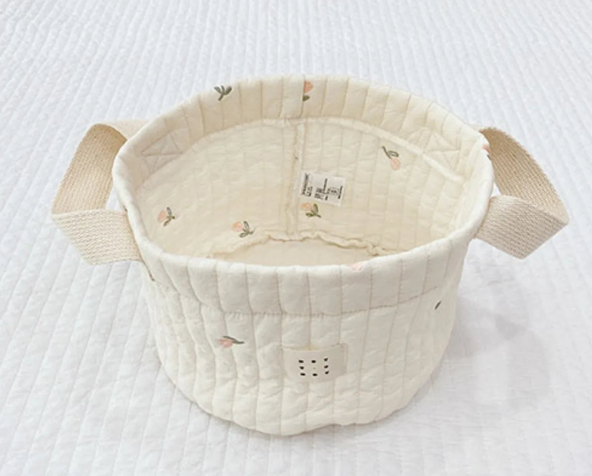 Beige Cotton Embroidery Baby Storage Bag – Diaper, Clothes & Toy Organizer for Crib