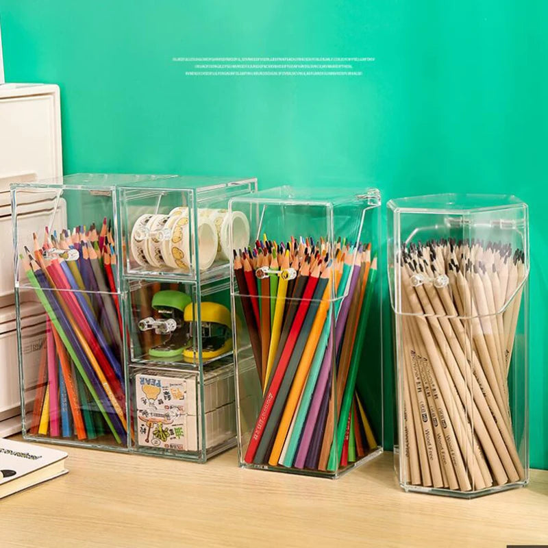 Clear Acrylic Pen & Pencil Holder with Lid – Kids’ Room Desk Organizer