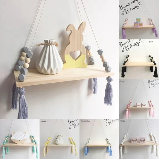 Nordic-Style Kids’ Wall Shelf with Colorful Tassels – Fun & Functional Storage for Children’s Room