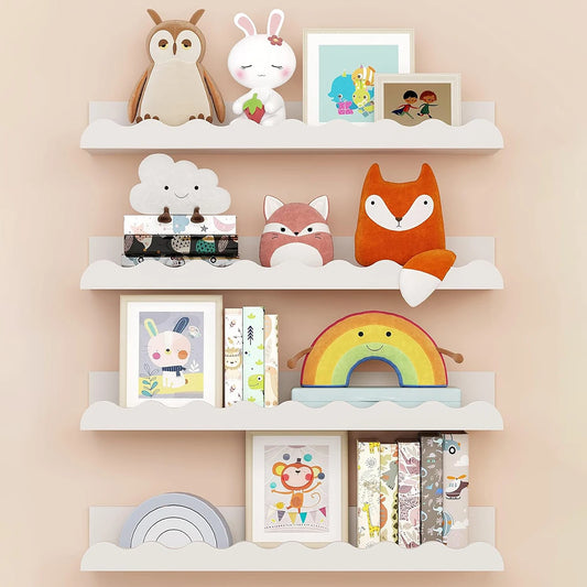 White Wavy Wooden Floating Shelf – Kids’ Room Wall Storage for Toys, Books & Nursery Decor