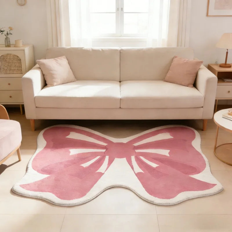 Girly Pink Bow Fluffy Rug – Soft Plush Bedside Carpet for Kids’ Rooms