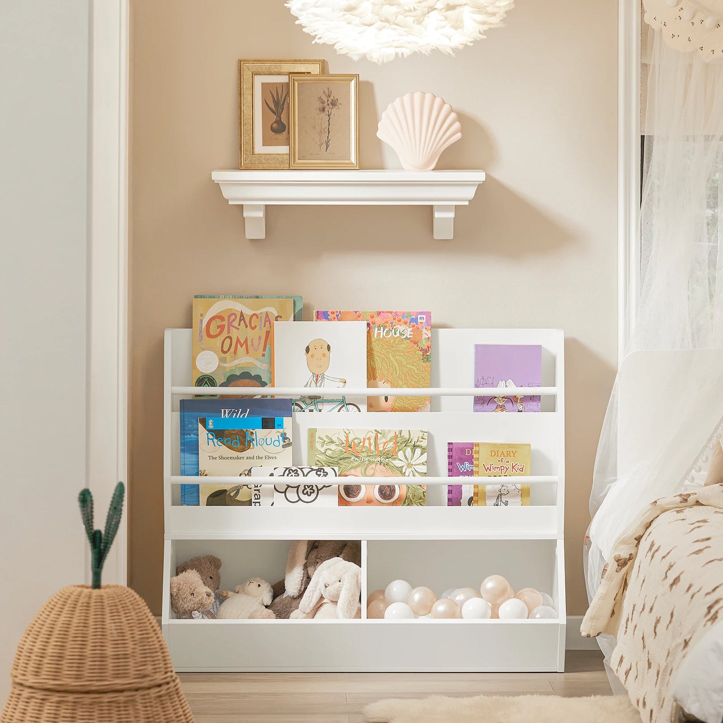 Kids’ Wall Wardrobe & Bookshelf with Semi-Circular Blackboard – Children's Wall-Mounted Shelf & Hanger Organizer