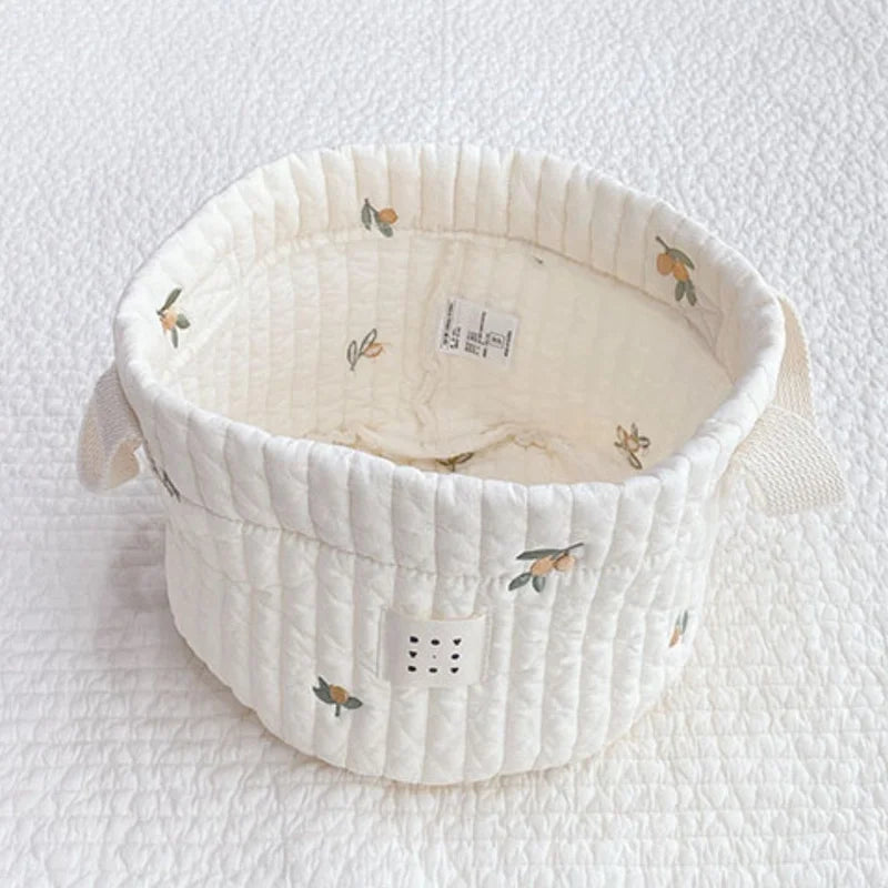 Beige Cotton Embroidery Baby Storage Bag – Diaper, Clothes & Toy Organizer for Crib
