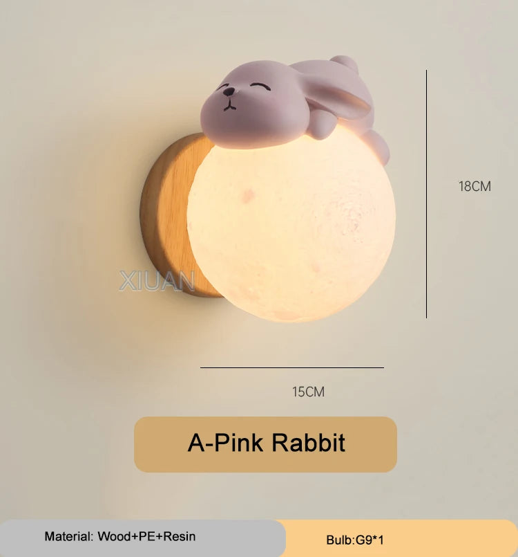 Cartoon Bear, Rabbit & Moon LED Wall Lamp – Kids’ Bedroom Night Light & Nursery Decor