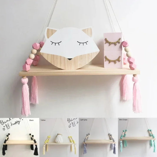 Nordic-Style Kids’ Wall Shelf with Colorful Tassels – Fun & Functional Storage for Children’s Room