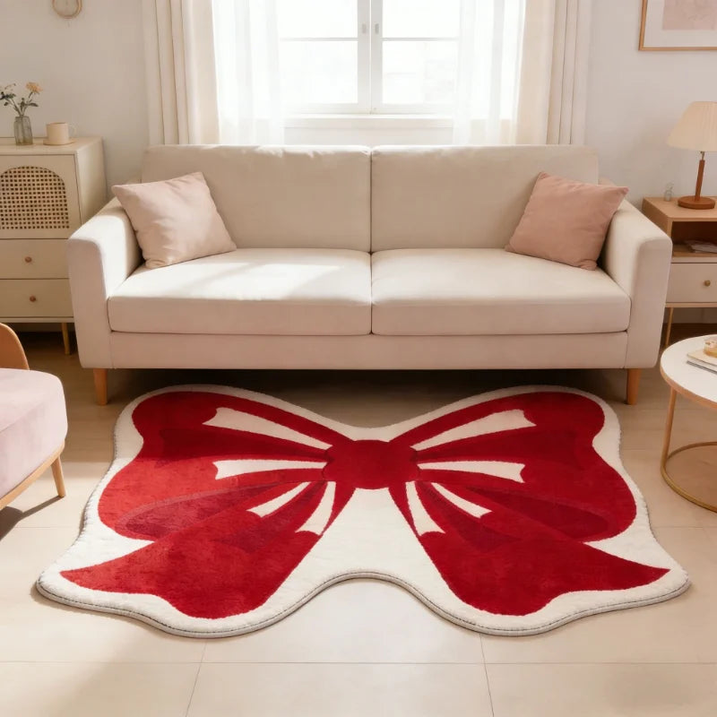 Girly Pink Bow Fluffy Rug – Soft Plush Bedside Carpet for Kids’ Rooms