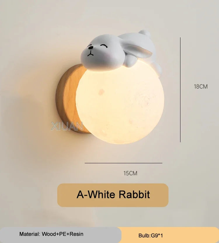 Cartoon Bear, Rabbit & Moon LED Wall Lamp – Kids’ Bedroom Night Light & Nursery Decor