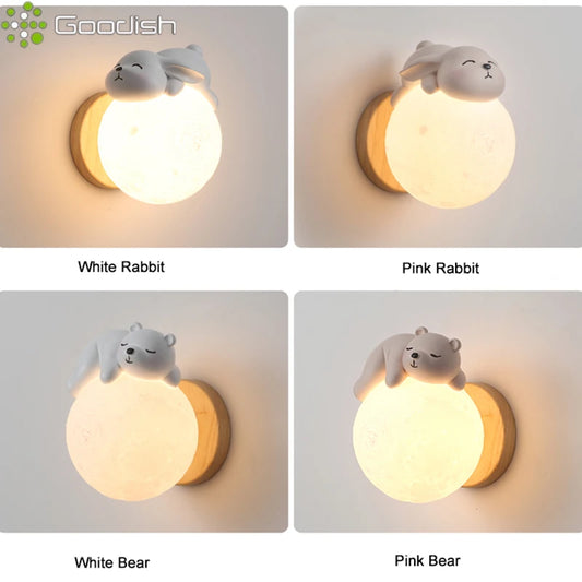 Cartoon Bear, Rabbit & Moon LED Wall Lamp – Kids’ Bedroom Night Light & Nursery Decor