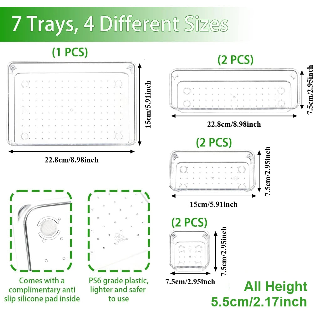 7-Piece Clear Drawer Organizer Set – Kids’ Room Storage for Stationery & Small Items