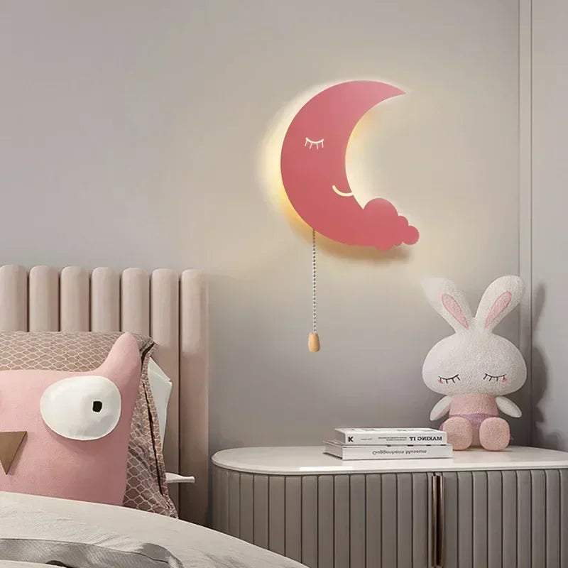 Cartoon Moon & Cloud LED Wall Lamp – Wireless Bedside Light for Kids’ Room