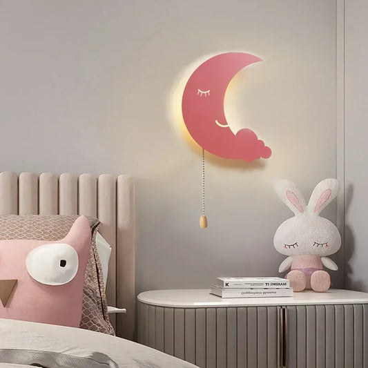 Cartoon Moon & Cloud LED Wall Lamp – Wireless Bedside Light for Kids’ Room