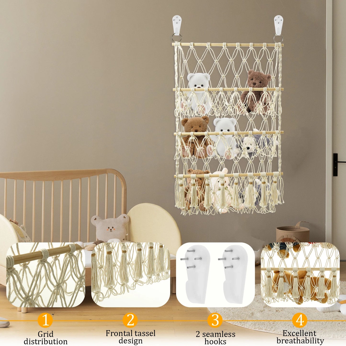 Handmade Cotton Rope Wall Hanging Toy Hammock – Organizer for Kids’ Stuffed Animals & Nursery Toys