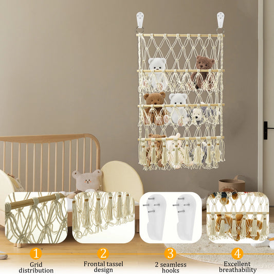 Handmade Cotton Rope Wall Hanging Toy Hammock – Organizer for Kids’ Stuffed Animals & Nursery Toys
