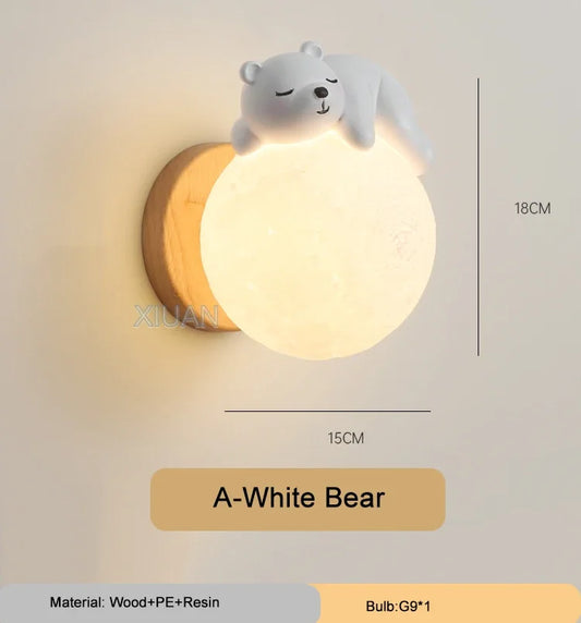 Cartoon Bear, Rabbit & Moon LED Wall Lamp – Kids’ Bedroom Night Light & Nursery Decor